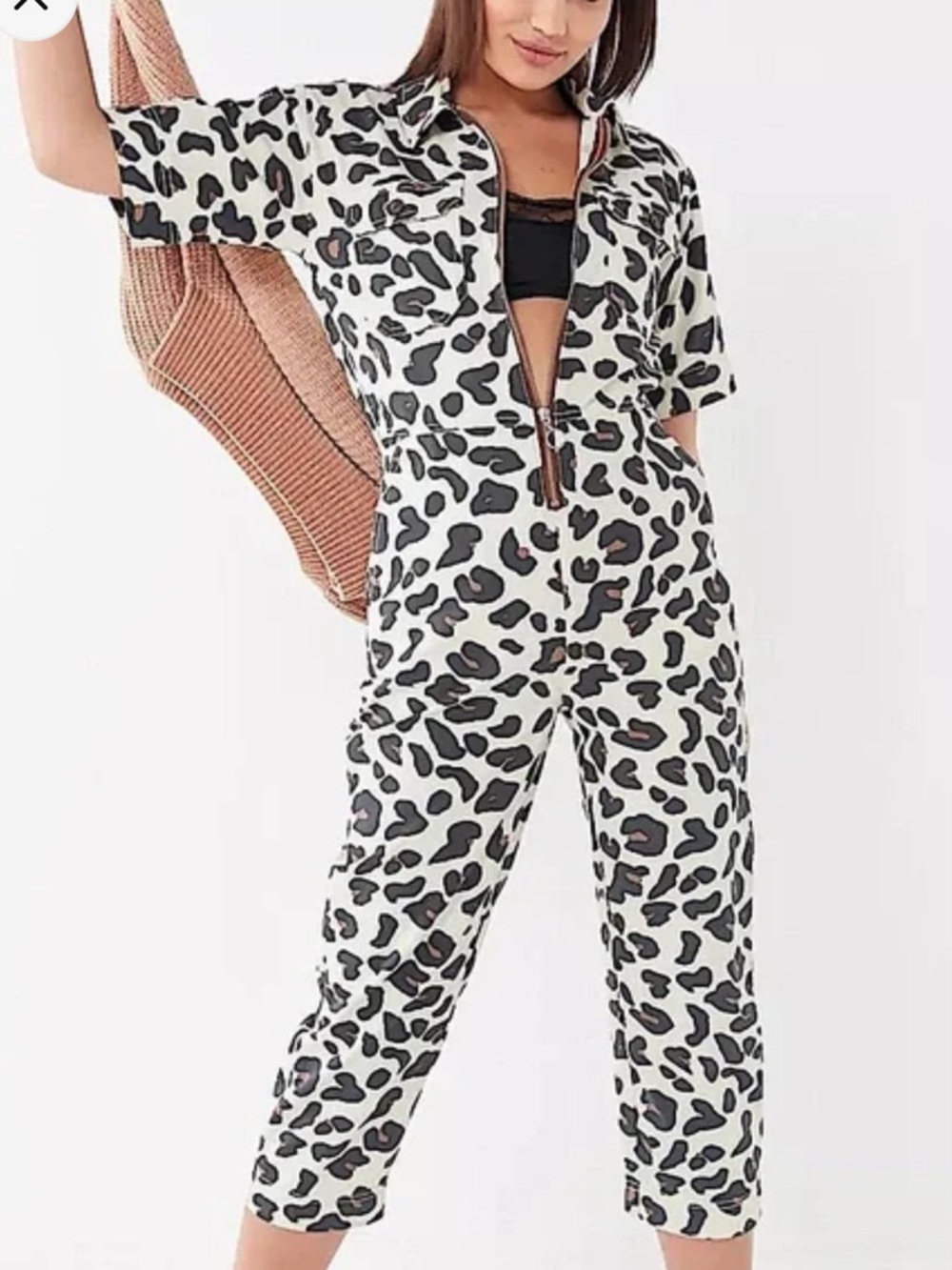 Urban Outfitters/BDG/ Women Cream  Leopard Print Short sleeve jumpsuit/M/NWT